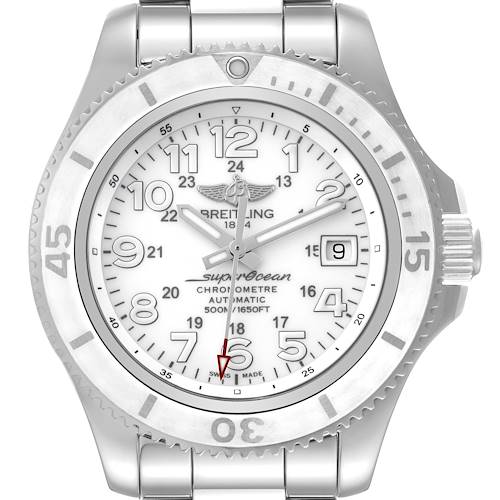 The image shows a front view of the Breitling Superocean A17365 Men's Stainless Steel White Dial A17365 Men's Stainless Steel White Dial watch, highlighting the bezel, dial, hands, and bracelet.