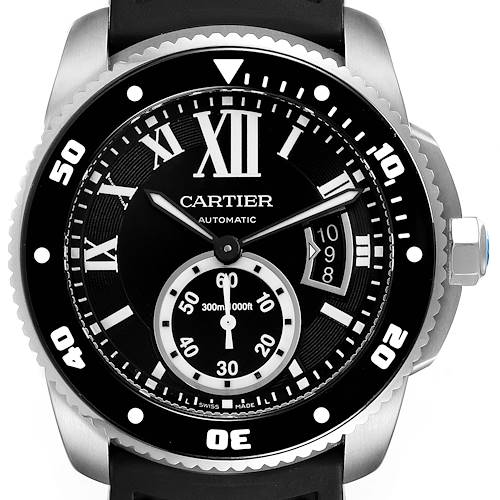 This image shows a front view of the Calibre de Cartier watch by Cartier, highlighting its dial, bezel, and crown.