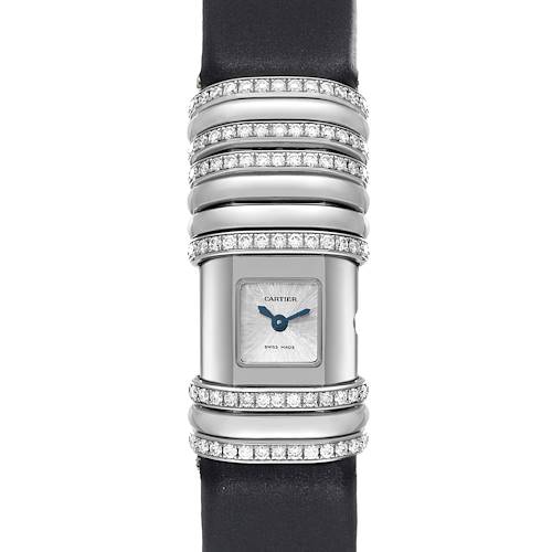 The image shows the front view of a Cartier Declaration WT000450 Women's Titanium Silver Dial WT000450 Women's Titanium Silver Dial watch, highlighting the diamond-studded bezel and black strap.