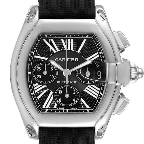 The Cartier Roadster W62020X6 Men's Stainless Steel Black Dial W62020X6 Men's Stainless Steel Black Dial watch is shown from a front angle, highlighting its dial, three sub-dials, crown, and strap.