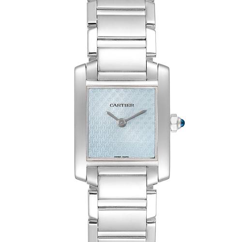 This Cartier Tank Francaise W50012S3 Women's White Gold Blue Dial W50012S3 Women's White Gold Blue Dial watch is shown from a top view, highlighting its face, bracelet, and crown.