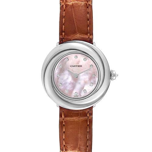 This image shows a front view of the Cartier Trinity WG200846 Women's White Gold Mother of Pearl Dial WG200846 Women's White Gold Mother of Pearl Dial watch with a leather strap and mother-of-pearl dial.