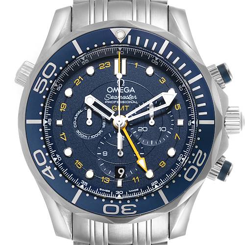 The Omega Seamaster 212.30.44.52.03.001 Men's Stainless Steel Blue Dial 212.30.44.52.03.001 Men's Stainless Steel Blue Dial watch is shown from the front, highlighting the dial, bezel, and bracelet.