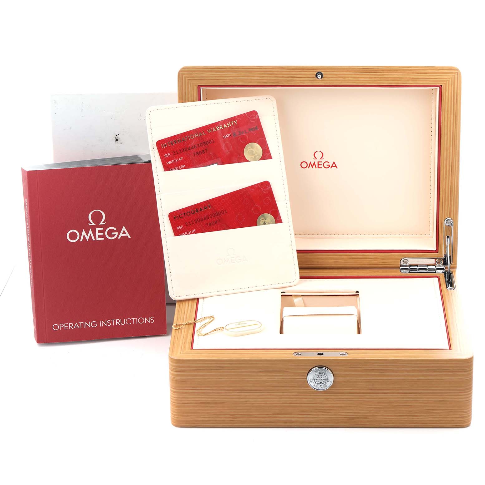 The image shows an Omega Seamaster 212.30.44.52.03.001 Men's Stainless Steel Blue Dial 212.30.44.52.03.001 Men's Stainless Steel Blue Dial watch box open with warranty cards, operating instructions, and a cardholder.