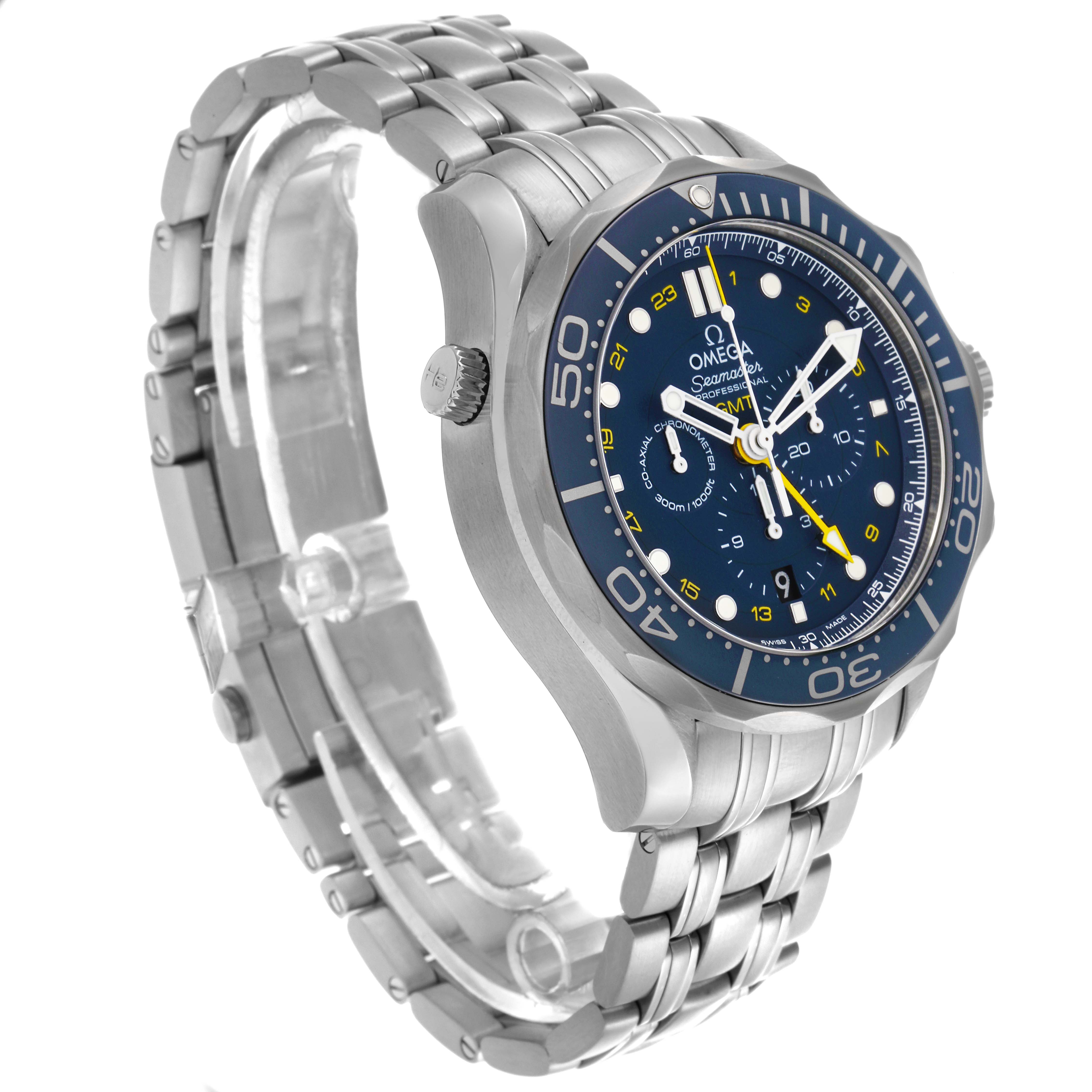 The Omega Seamaster 212.30.44.52.03.001 Men's Stainless Steel Blue Dial 212.30.44.52.03.001 Men's Stainless Steel Blue Dial is shown at a three-quarter angle, highlighting the dial, bezel, crown, and metal bracelet.