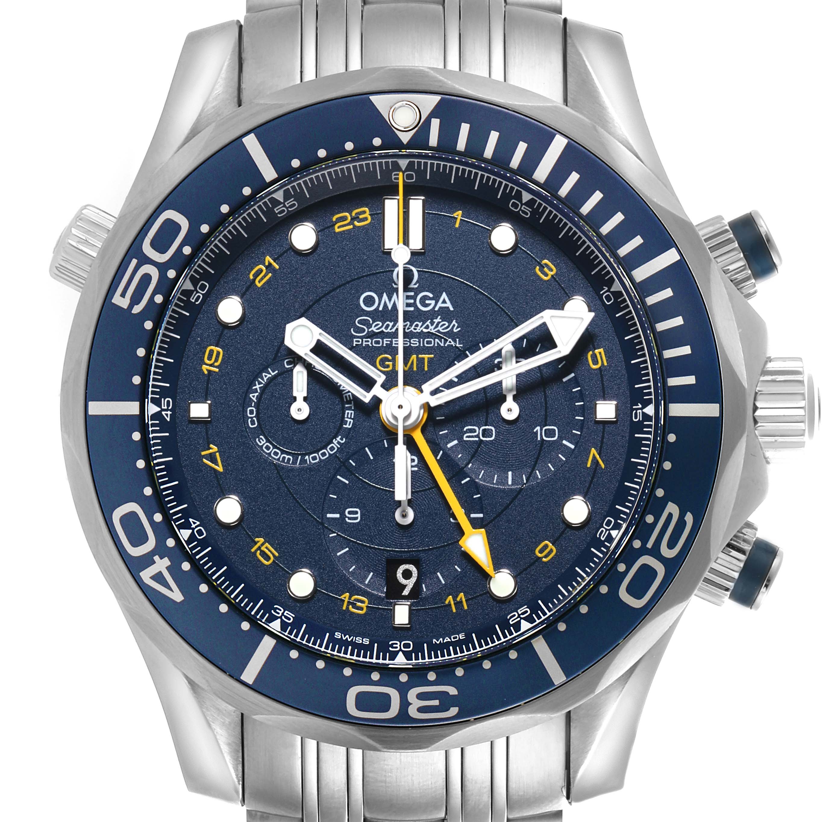 The Omega Seamaster 212.30.44.52.03.001 Men's Stainless Steel Blue Dial 212.30.44.52.03.001 Men's Stainless Steel Blue Dial watch is shown from a front angle, highlighting the dial, bezel, and subdials.