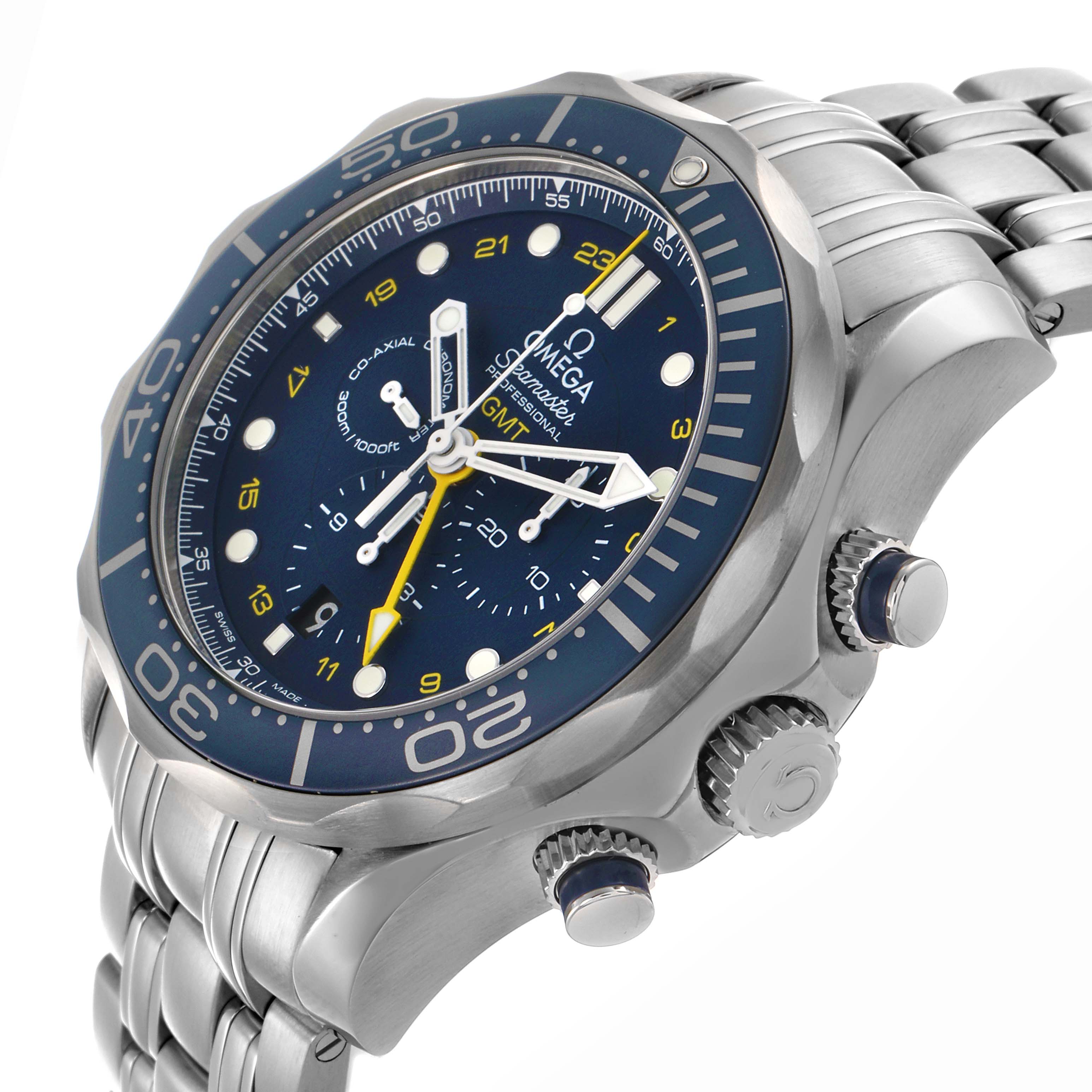 The Omega Seamaster 212.30.44.52.03.001 Men's Stainless Steel Blue Dial 212.30.44.52.03.001 Men's Stainless Steel Blue Dial watch is shown at an angled view, highlighting the dial, bezel, case, and bracelet.