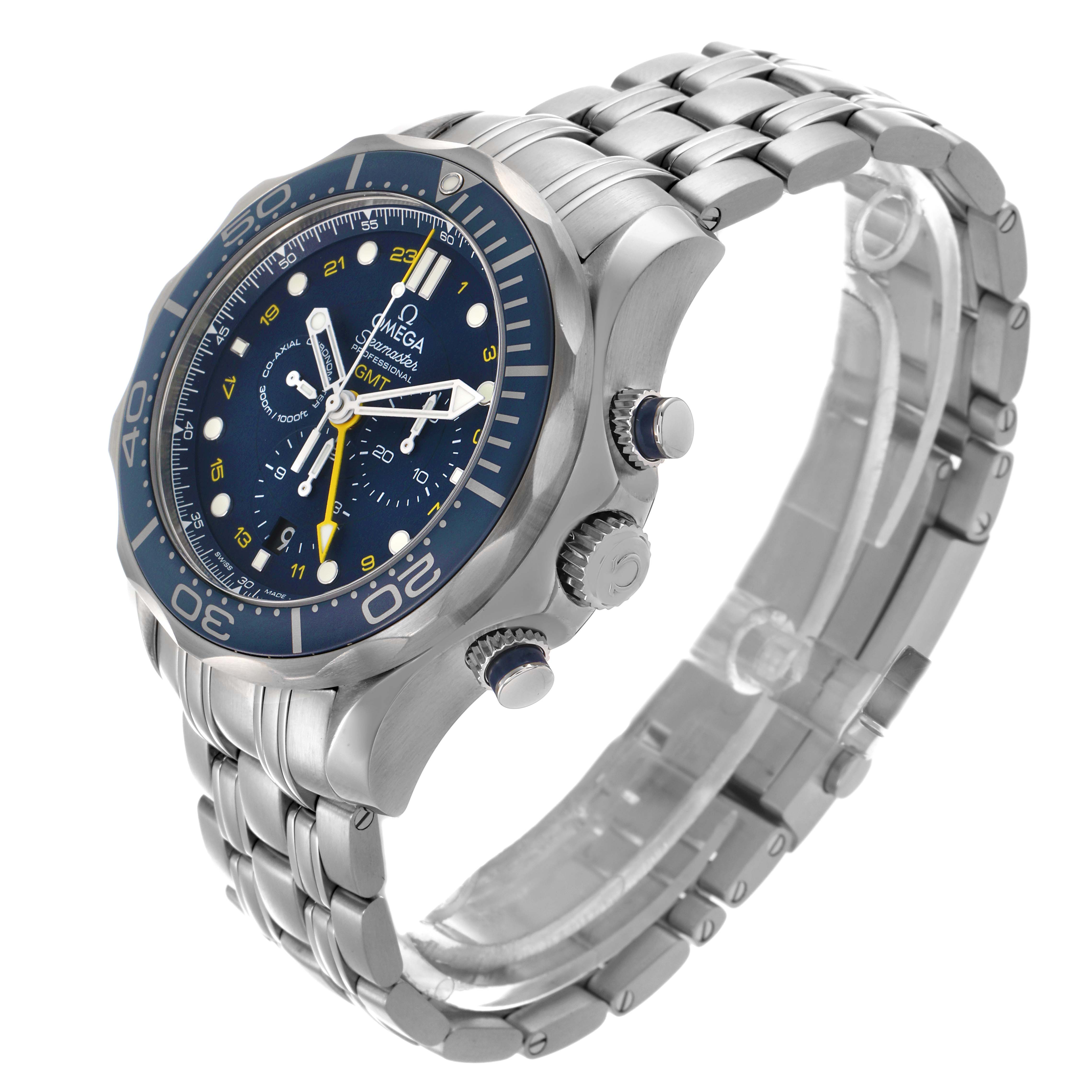 The Omega Seamaster 212.30.44.52.03.001 Men's Stainless Steel Blue Dial 212.30.44.52.03.001 Men's Stainless Steel Blue Dial watch is shown at an angled side view, highlighting the case, bezel, dial, and stainless steel bracelet.