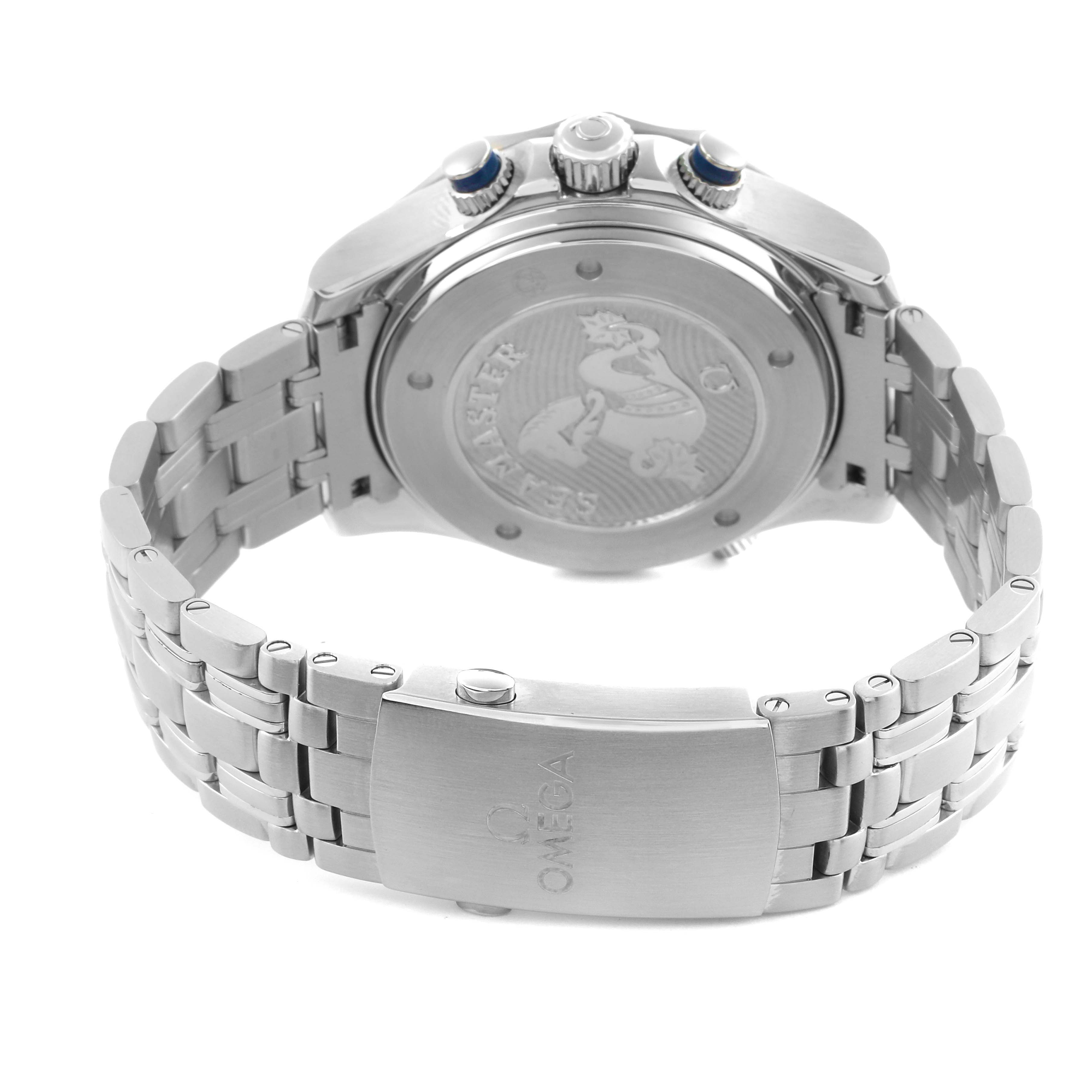 The image shows the back and clasp of the Omega Seamaster 212.30.44.52.03.001 Men's Stainless Steel Blue Dial 212.30.44.52.03.001 Men's Stainless Steel Blue Dial, highlighting the engraved case back, bracelet, and clasp logo.