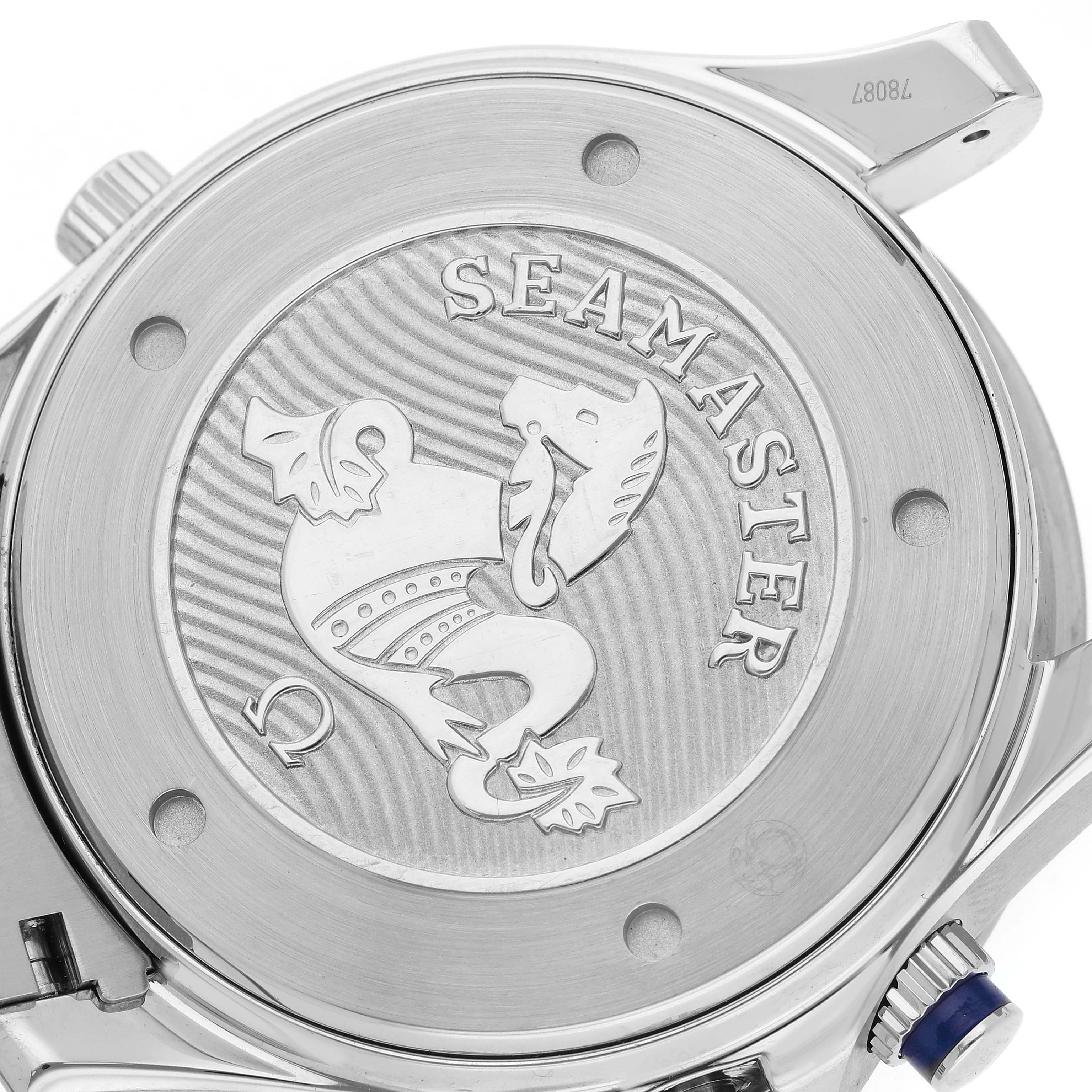 The image shows the case back of an Omega Seamaster 212.30.44.52.03.001 Men's Stainless Steel Blue Dial 212.30.44.52.03.001 Men's Stainless Steel Blue Dial watch, featuring the logo and decorative engraving.
