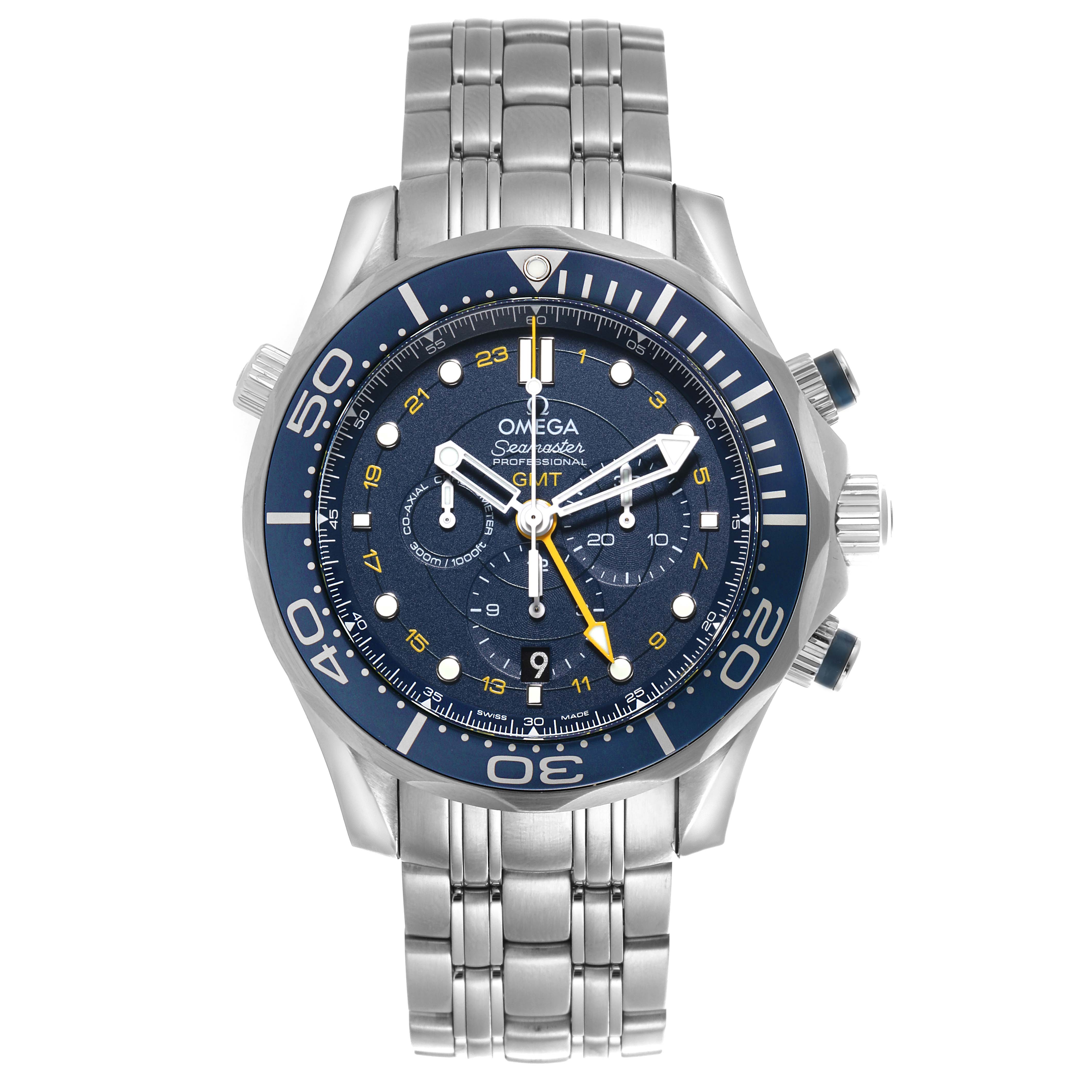 The Omega Seamaster 212.30.44.52.03.001 Men's Stainless Steel Blue Dial 212.30.44.52.03.001 Men's Stainless Steel Blue Dial watch is shown from the front, displaying its bezel, dial, hands, and bracelet.