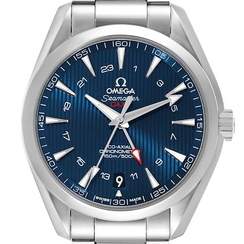 The Omega Aqua Terra 231.10.43.22.03.001 Men's Stainless Steel Blue Dial 231.10.43.22.03.001 Men's Stainless Steel Blue Dial watch is shown from a front angle, displaying its blue dial, hands, indices, and stainless steel bracelet.