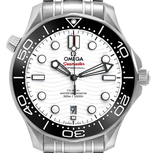 This image shows a front view of the Omega Seamaster 210.30.42.20.04.001 Men's Stainless Steel White Dial 210.30.42.20.04.001 Men's Stainless Steel White Dial watch, displaying its dial, bezel, crown, and part of its bracelet.