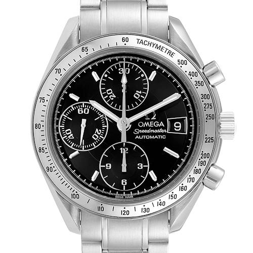The image shows a front view of the Omega Speedmaster 3513.50.00 Men's Stainless Steel Black Dial 3513.50.00 Men's Stainless Steel Black Dial watch, displaying its dial, bezel, and bracelet.