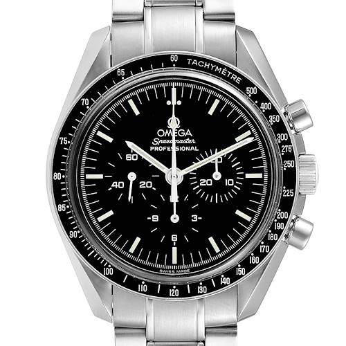 The image shows a front view of an Omega Speedmaster 3573.50.00 Men's Stainless Steel Black Dial 3573.50.00 Men's Stainless Steel Black Dial Professional watch, highlighting its face, bezel, and stainless steel bracelet.