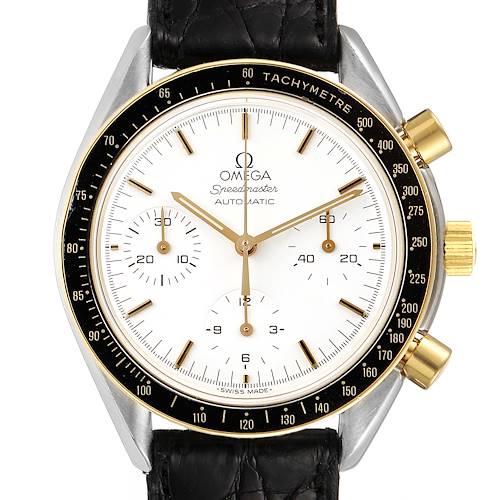 This image shows a frontal view of an Omega Speedmaster 3310.20.00 Men's Steel and Gold (two tone) White Dial 3310.20.00 Men's Steel and Gold (two tone) White Dial watch, highlighting the dial, bezel, and crown.