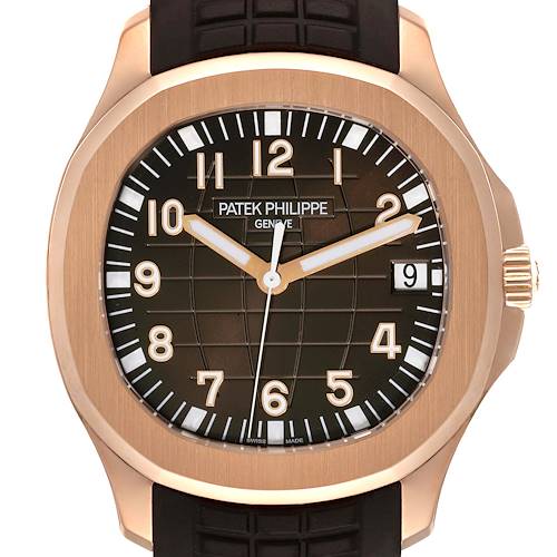 The image shows a front view of the Patek Philippe Aquanaut 5167R-001 Men's Rose Gold Brown Dial 5167R-001 Men's Rose Gold Brown Dial watch highlighting its dial, bezel, and a piece of the strap.