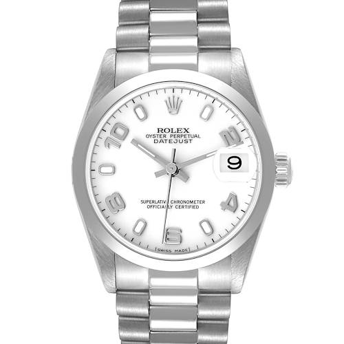 The Rolex Mid-Size 78246 Women's Platinum White Dial 78246 Women's Platinum White Dial Oyster Perpetual Datejust watch is shown from the front, displaying the dial, hands, bezel, bracelet, and crown.