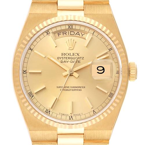 The image shows a close-up of the Rolex Oysterquartz 19018 Men's Yellow Gold Champagne Dial 19018 Men's Yellow Gold Champagne Dial model, highlighting its dial, bezel, hands, and crown.