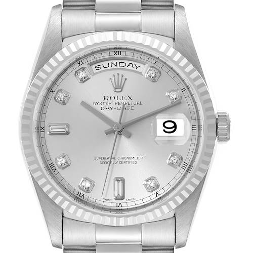The image shows a front view of the Rolex President 18239 Men's White Gold Silver Dial 18239 Men's White Gold Silver Dial model watch, highlighting its face, dial, and part of the bracelet.
