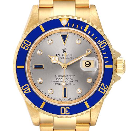 This image shows a front view of the dial, bezel, and bracelet of a Rolex Submariner 16618 Men's Yellow Gold Grey Dial 16618 Men's Yellow Gold Grey Dial watch.