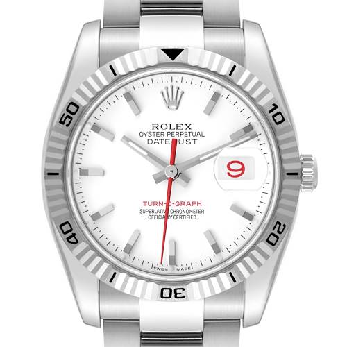 The Rolex Turn-o-Graph 116264 Men's Stainless Steel White Dial 116264 Men's Stainless Steel White Dial model is shown from a front angle, displaying the dial, hands, bezel, and part of the bracelet.
