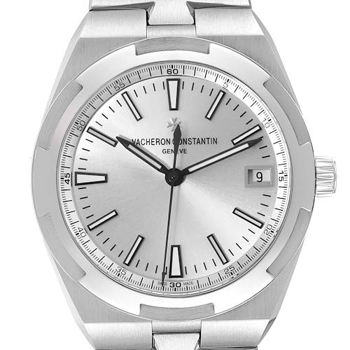 The Vacheron Constantin Overseas 4500V/110A-B126 Men's Stainless Steel Silver Dial 4500V/110A-B126 Men's Stainless Steel Silver Dial watch is shown from a front angle, highlighting the dial, bezel, and part of the bracelet.