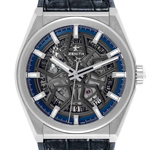 The Zenith Defy 95.9000.670 Men's Stainless Steel Grey Dial 95.9000.670 Men's Stainless Steel Grey Dial watch is shown from a front angle, highlighting its skeleton dial, indices, and crown.