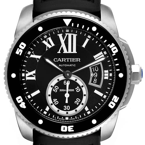 This is a front view of the Calibre de Cartier watch by Cartier, showing the face, bezel, and crown.