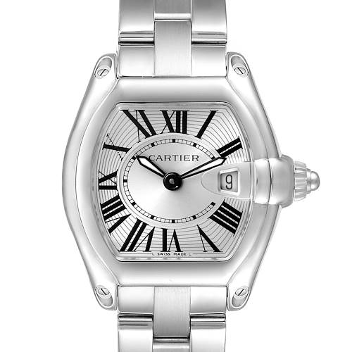 The image shows a front view of the Cartier Roadster W62016V3 Women's Stainless Steel Silver Dial W62016V3 Women's Stainless Steel Silver Dial watch, displaying the dial, case, and part of the bracelet.