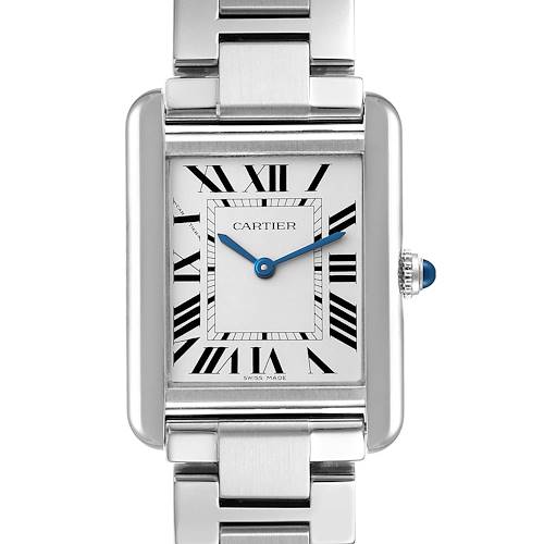 The Cartier Tank Solo W5200013 Women's Stainless Steel Silver Dial W5200013 Women's Stainless Steel Silver Dial watch is shown from the front, displaying its dial, Roman numerals, and metal bracelet.