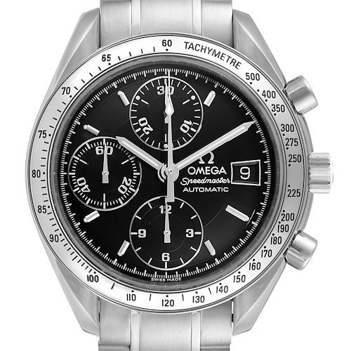 The image shows a front view of an Omega Speedmaster 3513.50.00 Men's Stainless Steel Black Dial 3513.50.00 Men's Stainless Steel Black Dial watch with its face, bezel, and bracelet visibly detailed.