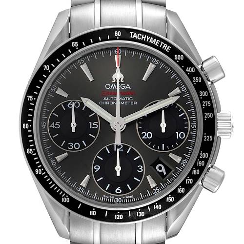 This image shows a close-up, front-facing view of the Omega Speedmaster 323.30.40.40.06.001 Men's Stainless Steel Grey Dial 323.30.40.40.06.001 Men's Stainless Steel Grey Dial watch, displaying its dial, chronograph subdials, and bezel.