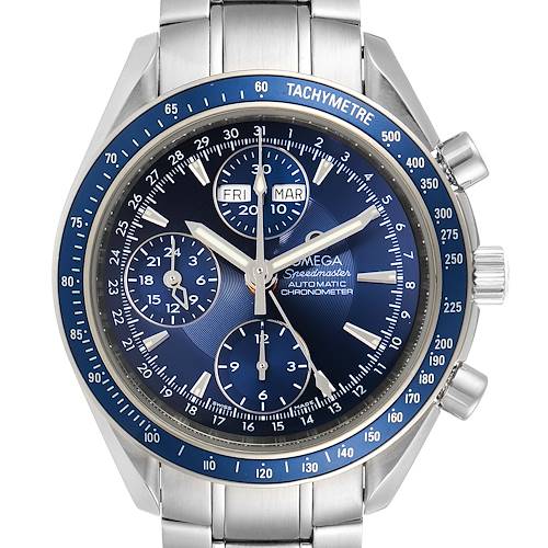 The Omega Speedmaster 3222.80.00 Men's Stainless Steel Blue Dial 3222.80.00 Men's Stainless Steel Blue Dial watch is displayed from the front, showing the dial, sub-dials, tachymetre bezel, and stainless steel bracelet.