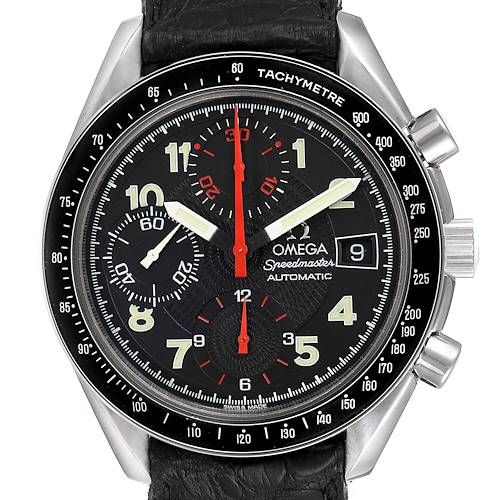 The image shows a front view of the Omega Speedmaster 3513.53.00 Men's Stainless Steel Black Dial 3513.53.00 Men's Stainless Steel Black Dial watch, displaying its dial, tachymeter, subdials, and date window.