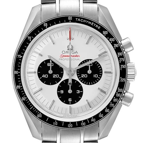 The image shows a front view of the Omega Speedmaster 522.30.42.30.04.001 Men's Stainless Steel White Dial 522.30.42.30.04.001 Men's Stainless Steel White Dial watch, highlighting the face, tachymeter, and chronograph subdials.