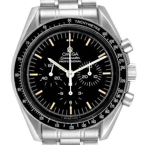 The Omega Speedmaster 145.022 Men's Stainless Steel Black Dial 145.022 Men's Stainless Steel Black Dial watch is shown from a front angle, highlighting its black dial, chronograph subdials, and steel bracelet.