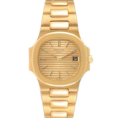 The image shows a front view of a Patek Philippe Nautilus 4700/1 Women's Yellow Gold Champagne Dial 4700/1 Women's Yellow Gold Champagne Dial watch, displaying its gold bracelet, dial, and date window.