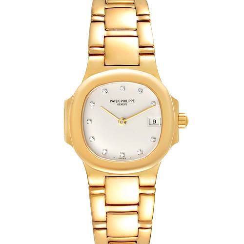 This image shows a front view of a Patek Philippe Nautilus 4700/1 Women's Yellow Gold Beige Dial 4700/1 Women's Yellow Gold Beige Dial watch, displaying its face, band, and dial with date feature.