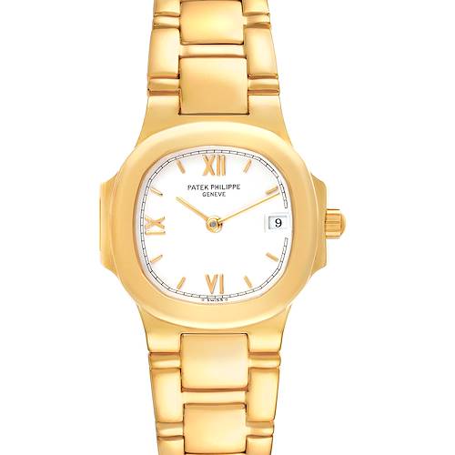 The image shows a front view of a Patek Philippe Nautilus 4700/51 Women's Yellow Gold White Dial 4700/51 Women's Yellow Gold White Dial watch, highlighting its gold bracelet and white dial.