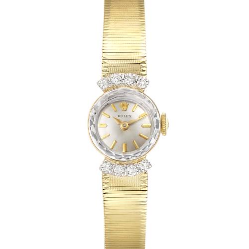 The image shows a Rolex Cocktail  Women's Yellow Gold Silver Dial  Women's Yellow Gold Silver Dial model watch from a front angle, highlighting the dial, bezel, and bracelet.