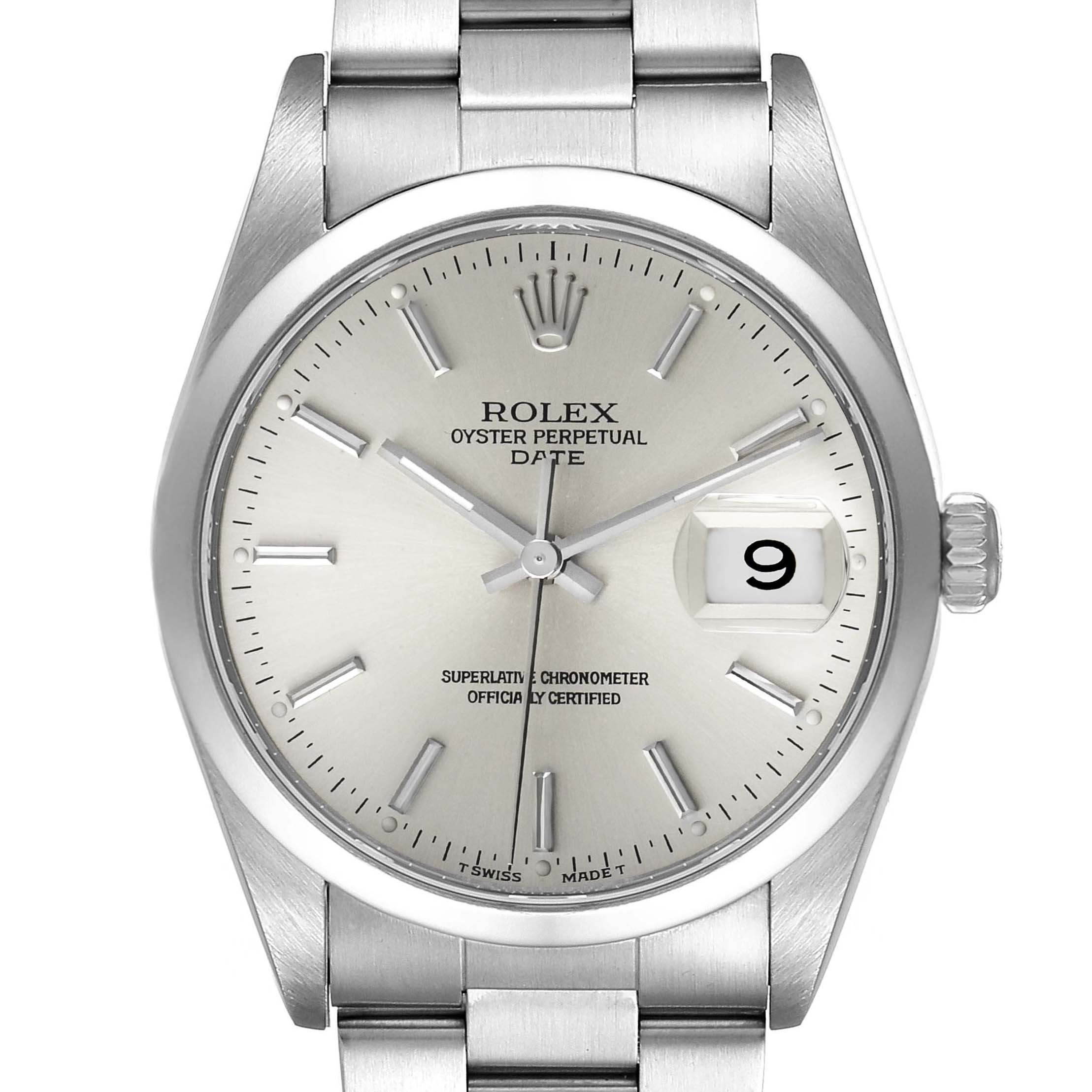 This image shows a front view of a Rolex Oyster Perpetual Date watch, focusing on the dial, hands, date window, and bracelet.