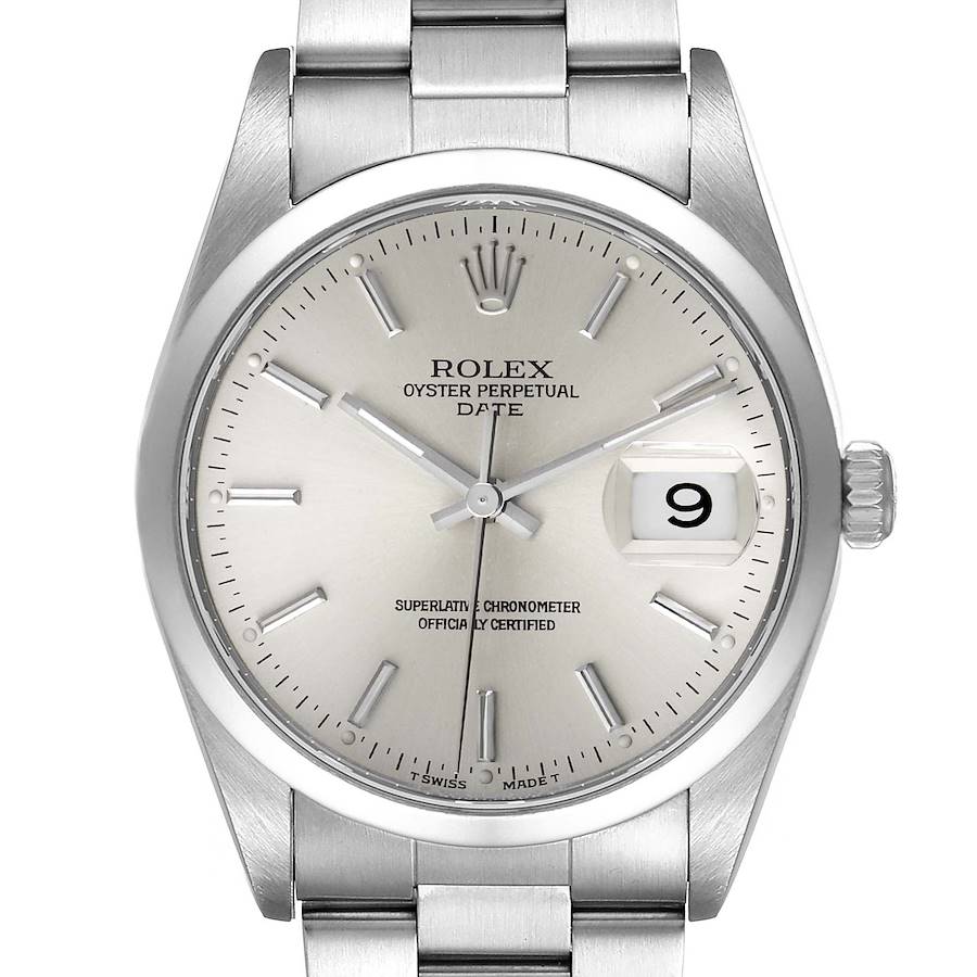 This image shows a front view of a Rolex Oyster Perpetual Date watch, focusing on the dial, hands, date window, and bracelet.