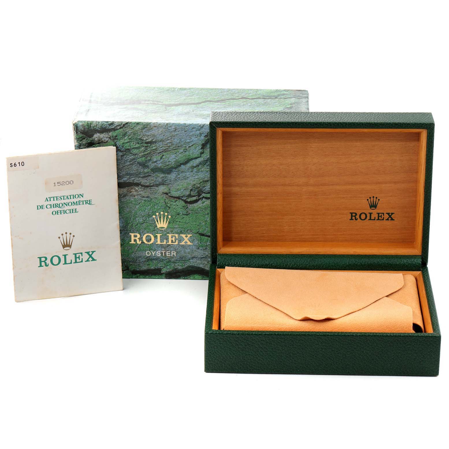 The image shows the packaging and certification booklet for a Rolex Date 15200 Men's Stainless Steel Silver Dial 15200 Men's Stainless Steel Silver Dial model watch.