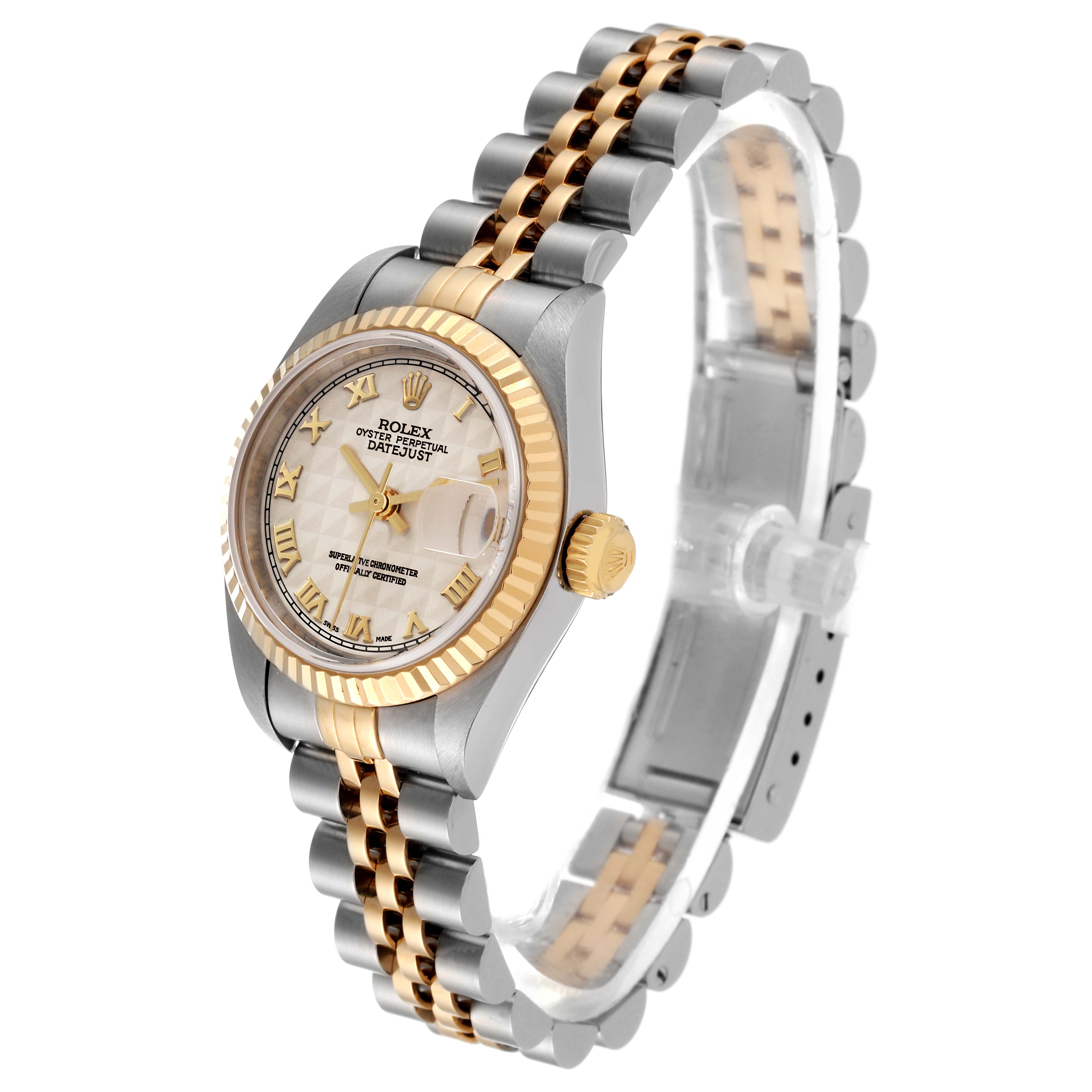 The Rolex Datejust 79173 Women's Steel and Gold (two tone) Beige Dial 79173 Women's Steel and Gold (two tone) Beige Dial watch is shown at an angle displaying the dial, bezel, crown, and two-tone bracelet.