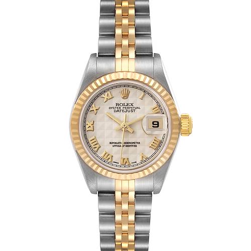 The Rolex Datejust 79173 Women's Steel and Gold (two tone) Beige Dial 79173 Women's Steel and Gold (two tone) Beige Dial watch is shown from a front angle, displaying the face, bezel, crown, and bracelet.