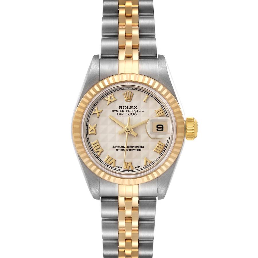 The Rolex Datejust 79173 Women's Steel and Gold (two tone) Beige Dial 79173 Women's Steel and Gold (two tone) Beige Dial watch is shown from a top-down view, featuring its dial, bezel, crown, and bracelet.