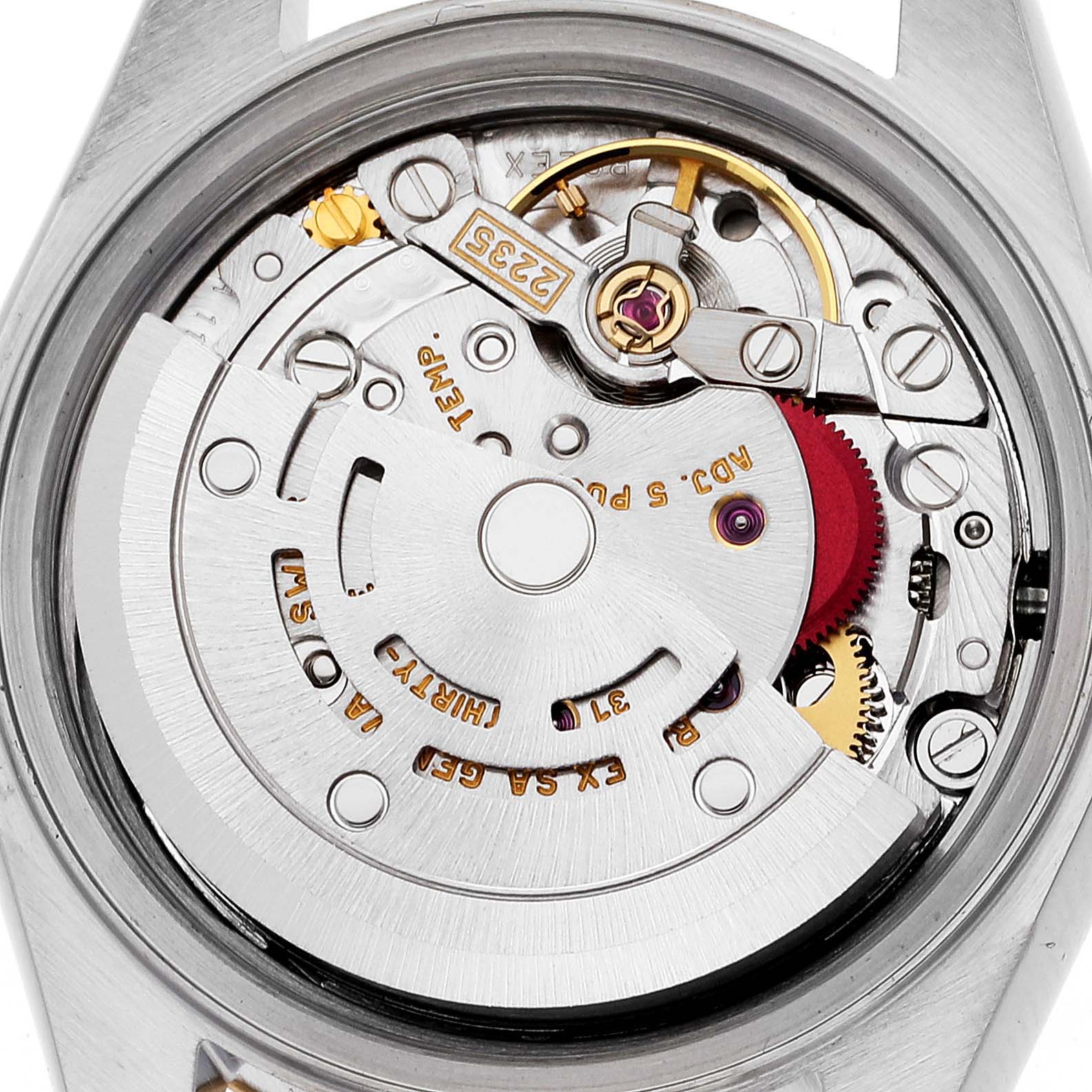This image shows the movement mechanism of a Rolex Datejust 79173 Women's Steel and Gold (two tone) Beige Dial 79173 Women's Steel and Gold (two tone) Beige Dial watch viewed from the back.