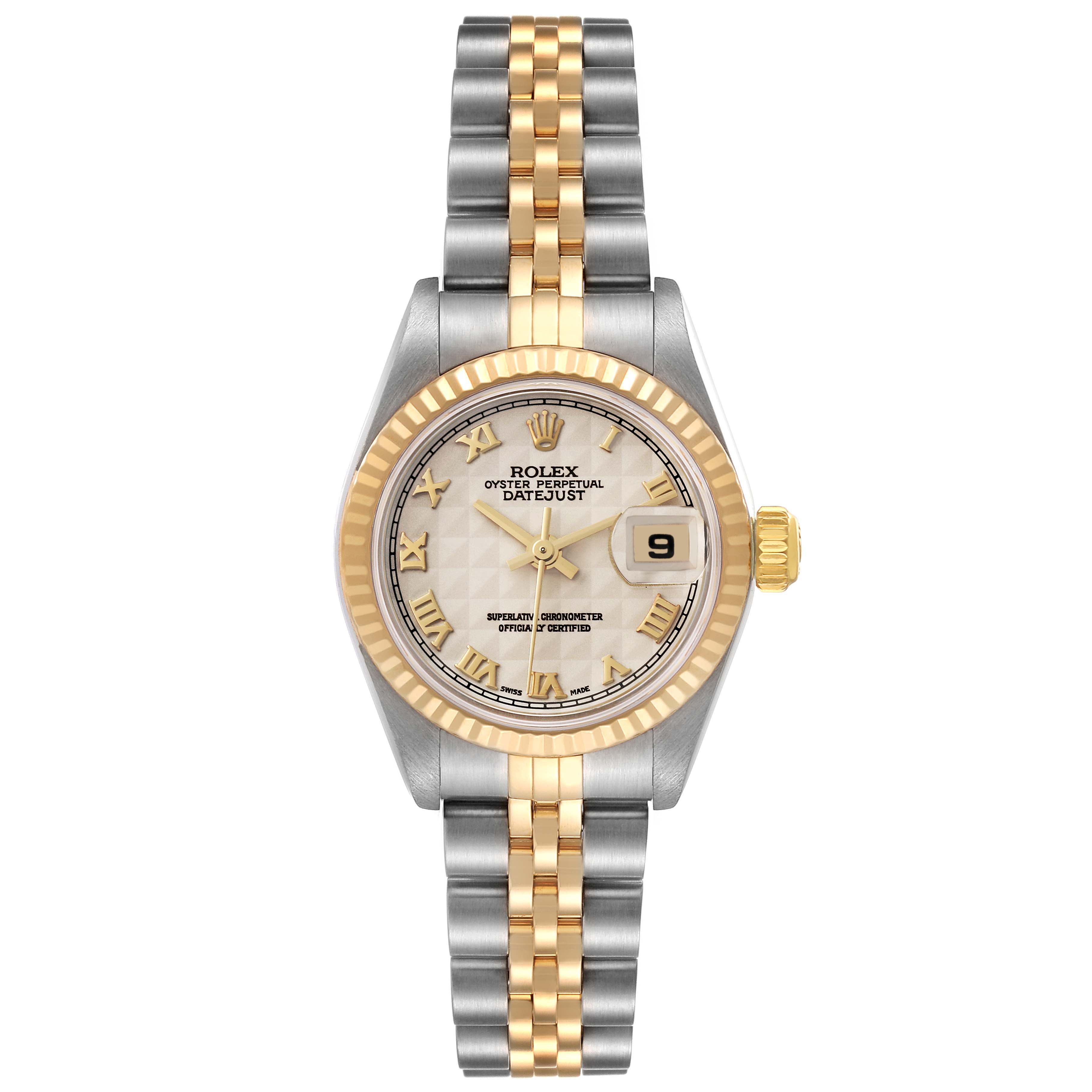 The Rolex Datejust 79173 Women's Steel and Gold (two tone) Beige Dial 79173 Women's Steel and Gold (two tone) Beige Dial watch is shown from a front angle, displaying its dial, two-tone bezel, and Jubilee bracelet.