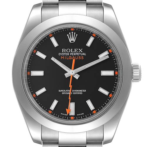 The image shows a close-up of the face and crown of a Rolex Milgauss 116400 Men's Stainless Steel Black Dial 116400 Men's Stainless Steel Black Dial watch, highlighting the dial, hour markers, and hands.